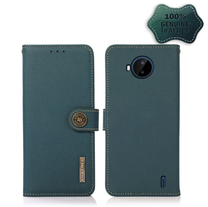 Green genuine leather flip phone case with magnetic strap, camera cutout, RFID