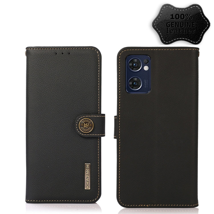 Black genuine leather RFID phone case with magnetic strap and dual camera cutout