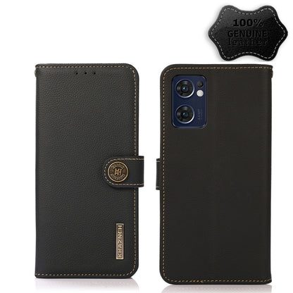 Black genuine leather RFID phone case with magnetic strap and dual camera cutout
