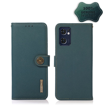 Green genuine leather flip phone case with magnetic strap and camera opening, RFID