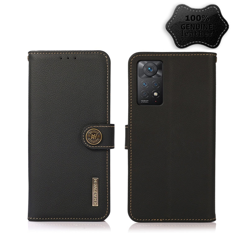 Black genuine leather RFID phone case with magnetic strap and multi-camera cutout