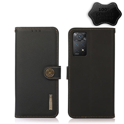 Black genuine leather RFID phone case with magnetic strap and multi-camera cutout