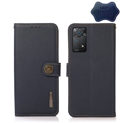 Black genuine leather flip phone case with magnetic strap and camera cutout, RFID