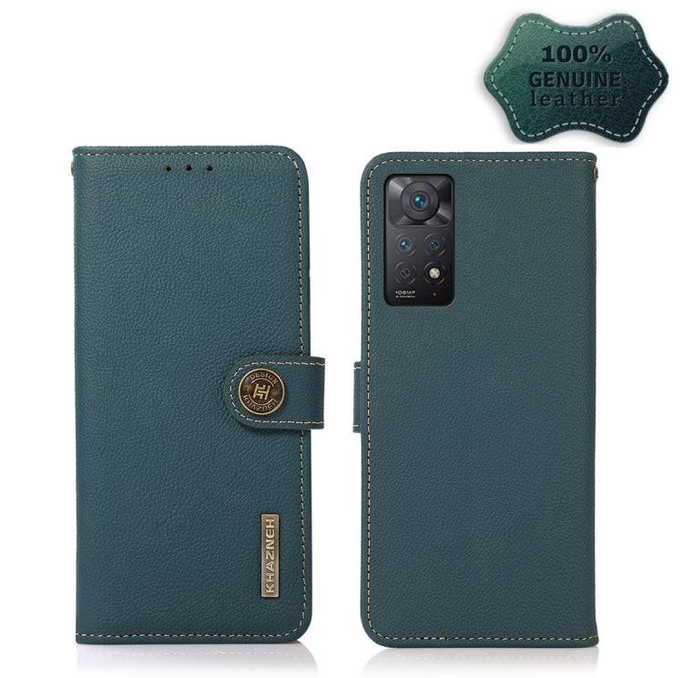 Green genuine leather flip phone case with magnetic strap and rear camera cutout, RFID
