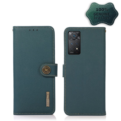 Green genuine leather flip phone case with magnetic strap and rear camera cutout, RFID