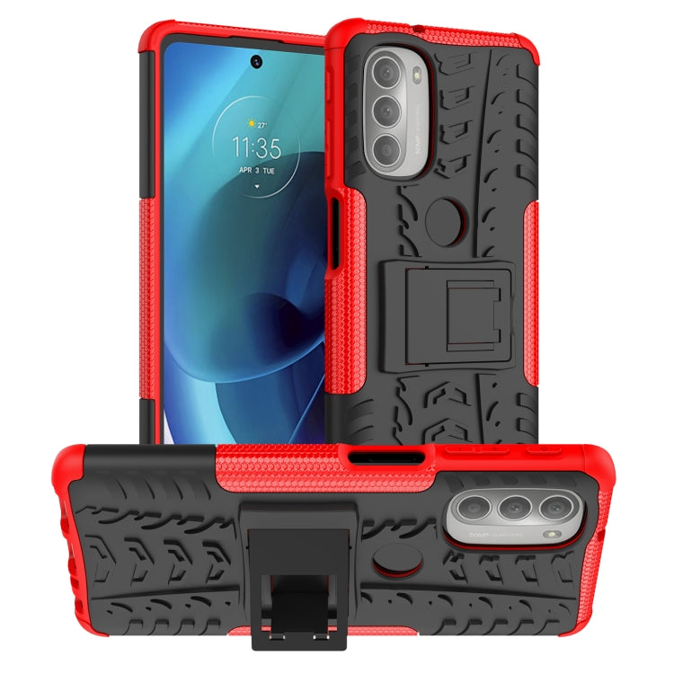 Red tire-texture rugged phone case with built-in holder and camera protection for Motorola