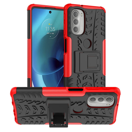 Red tire-texture rugged phone case with built-in holder and camera protection for Motorola