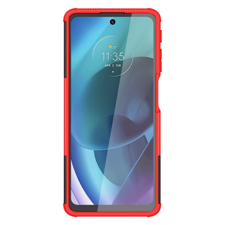 Red rugged phone case with tire tread texture and raised edges for Motorola smartphone