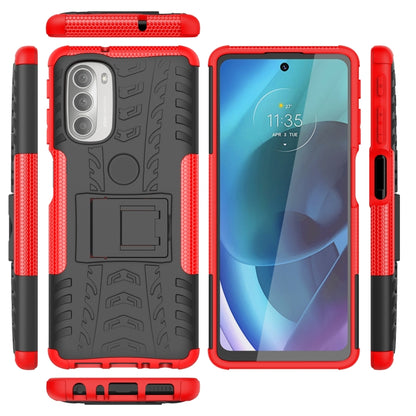 Red rugged phone case set with holder stand, tire tread texture, and camera protection
