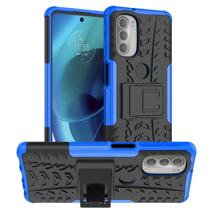 Blue tire-texture rugged phone case with built-in holder and camera protection for Motorola