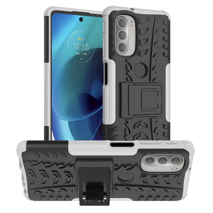 Rugged white phone case with tire tread texture and built-in kickstand holder