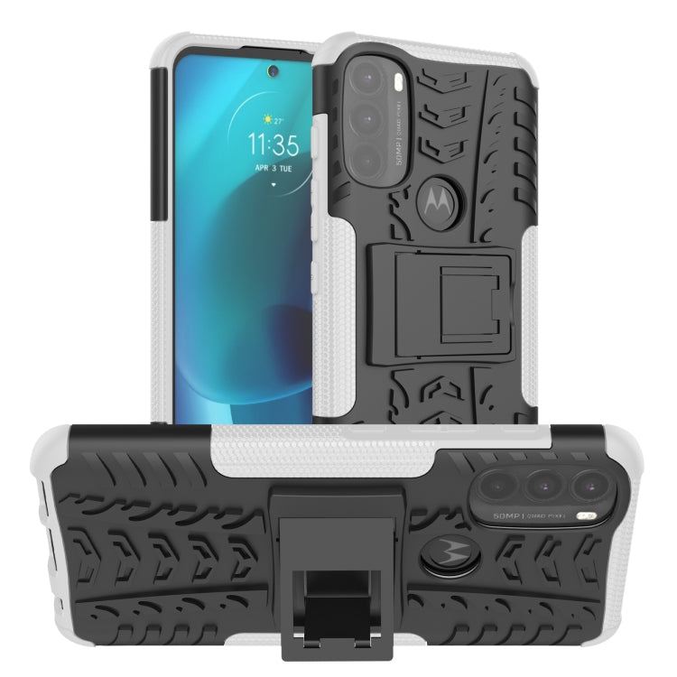 Rugged white phone case with tire tread texture and built-in kickstand holder