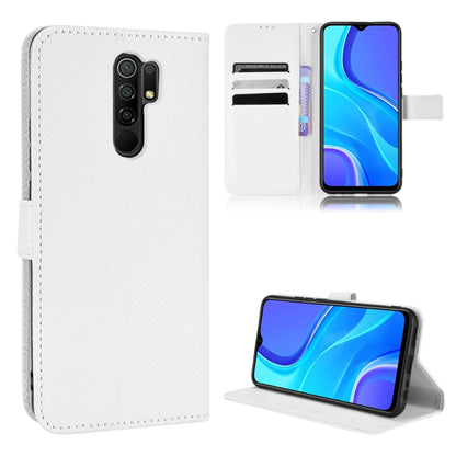 White diamond-texture leather phone case with card slots and kickstand