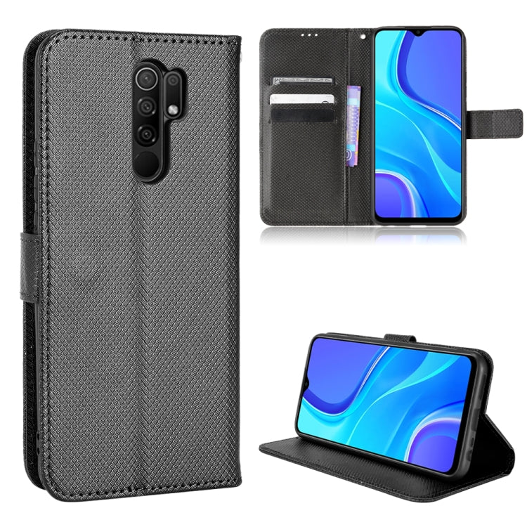 Black diamond-texture leather phone case with flip cover, card slots, and kickstand