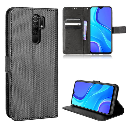 Black diamond-texture leather phone case with flip cover, card slots, and kickstand