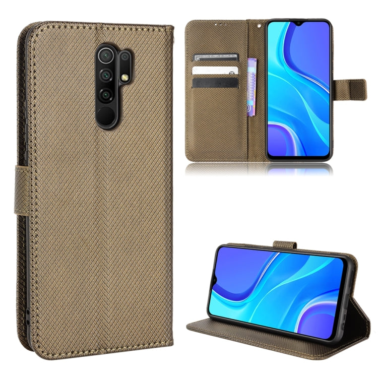 Brown diamond-textured leather phone case with card slots and flip stand