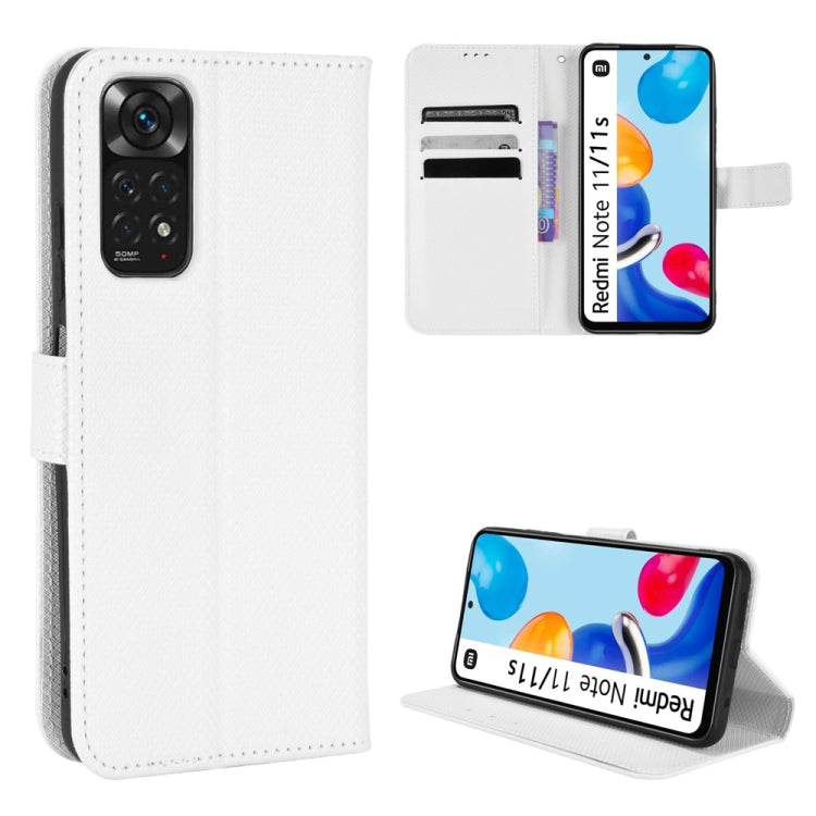 White leather folio phone case with diamond texture, card slots, and stand
