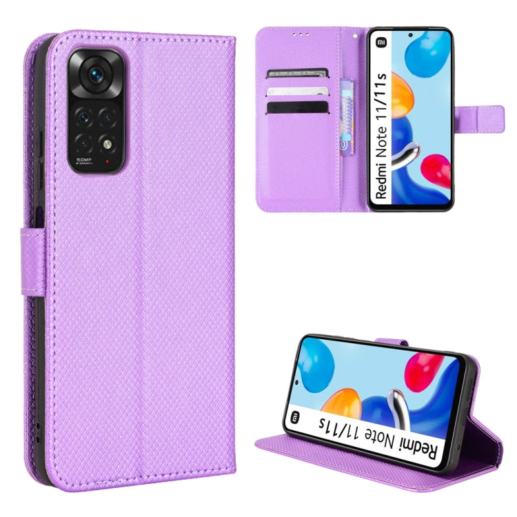 Purple diamond-textured leather phone case with card slots and flip stand