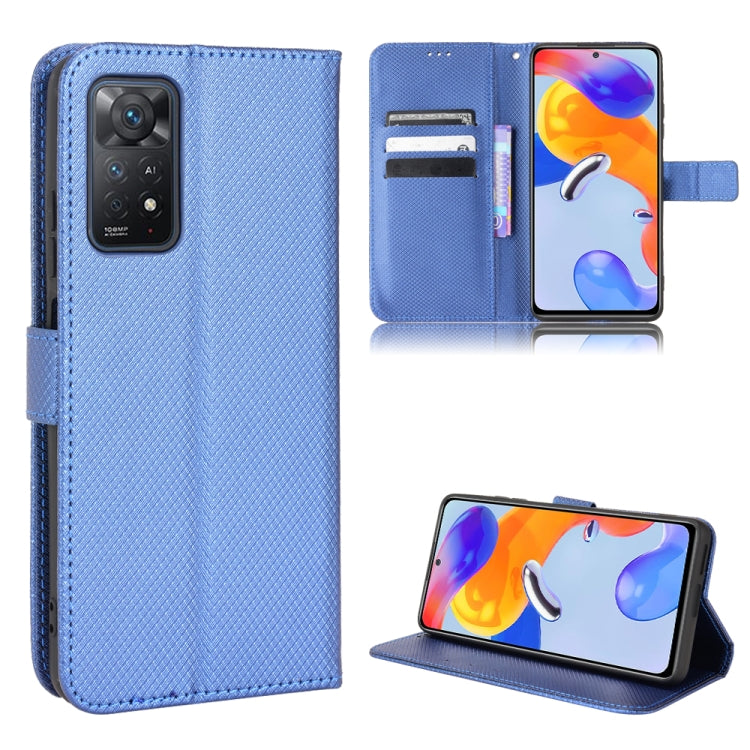 Diamond-texture leather phone wallet case, medium blue with card slots and kickstand