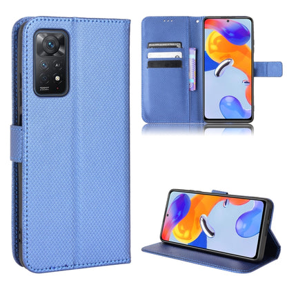 Diamond-texture leather phone wallet case, medium blue with card slots and kickstand