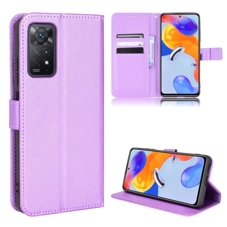 Purple diamond-textured leather flip phone case with horizontal card holder, stand