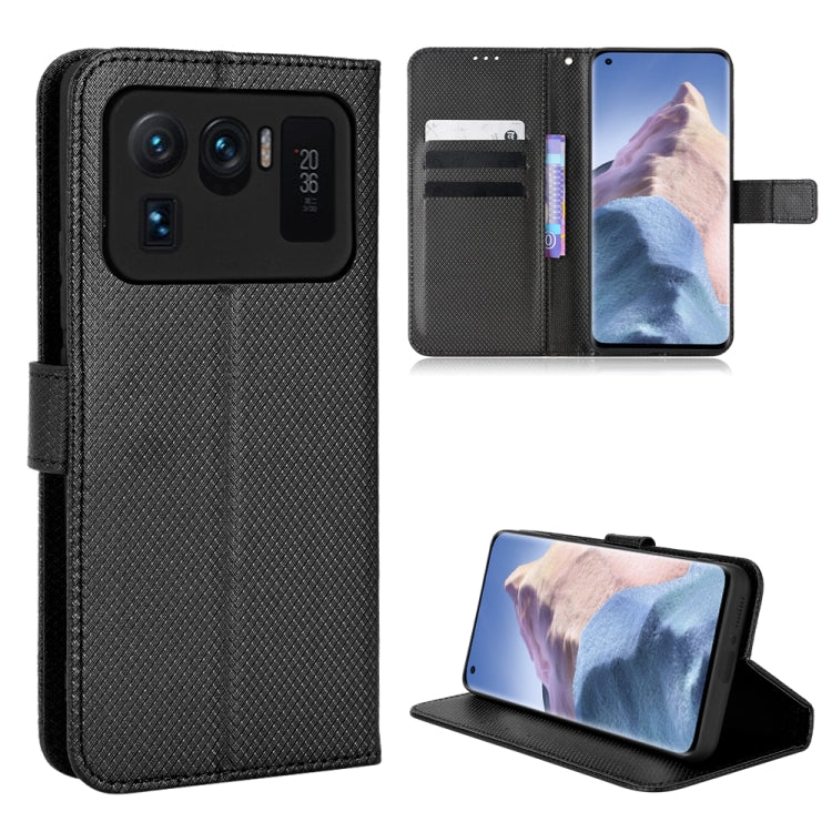 Black diamond-texture leather flip phone case with card slots and stand