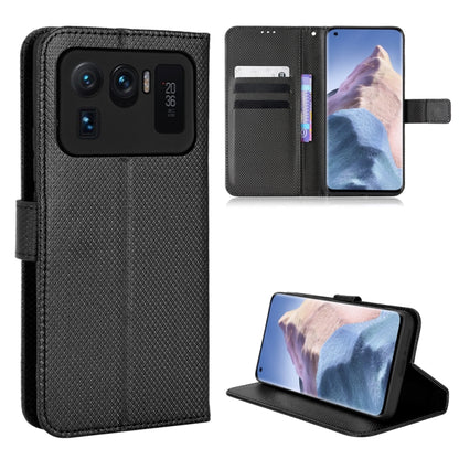 Black diamond-texture leather flip phone case with card slots and stand
