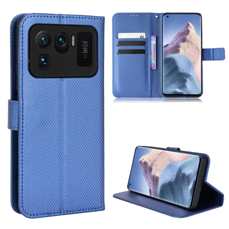 Diamond-texture leather phone wallet case, blue with card slots and stand