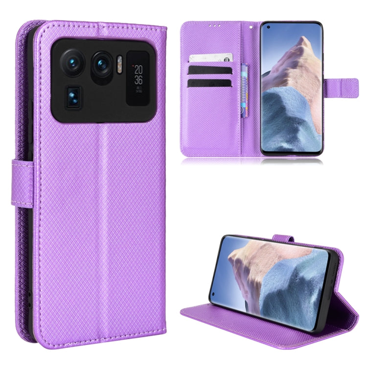 Purple diamond-textured leather flip case with camera cutout and kickstand