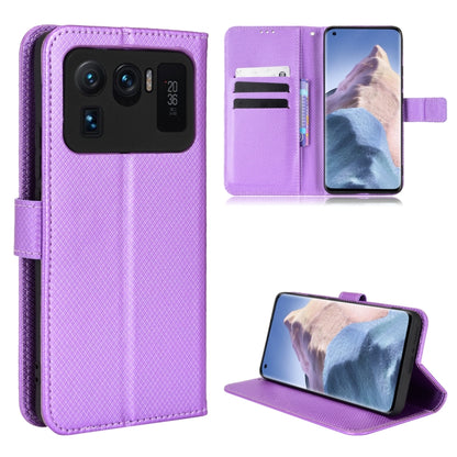 Purple diamond-textured leather flip case with camera cutout and kickstand