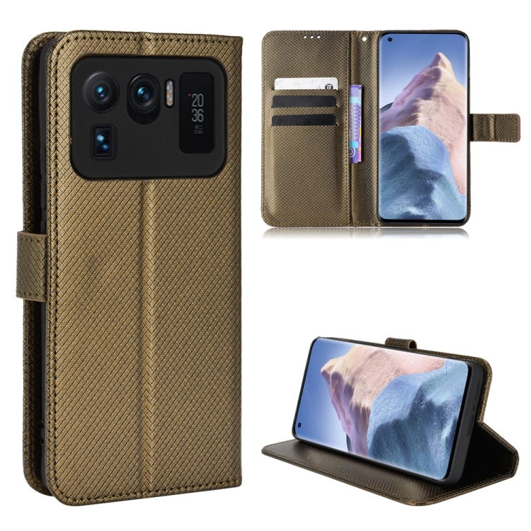 Diamond-texture leather phone case with folio stand and card slots, brown