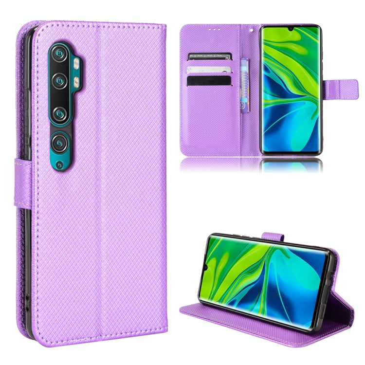 Purple diamond-textured leather flip case with vertical camera cutout, kickstand