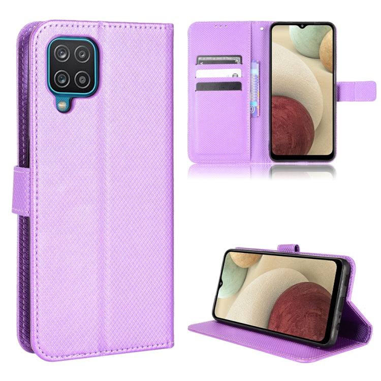 Purple diamond-textured leather wallet-style phone case with card slots and stand