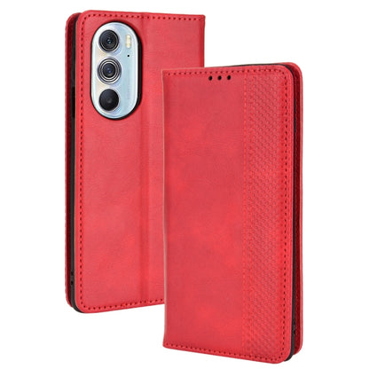 Red crazy horse leather flip phone case with magnetic closure and card slots.