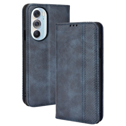 Blue crazy horse leather flip phone case with magnetic closure and card slots.