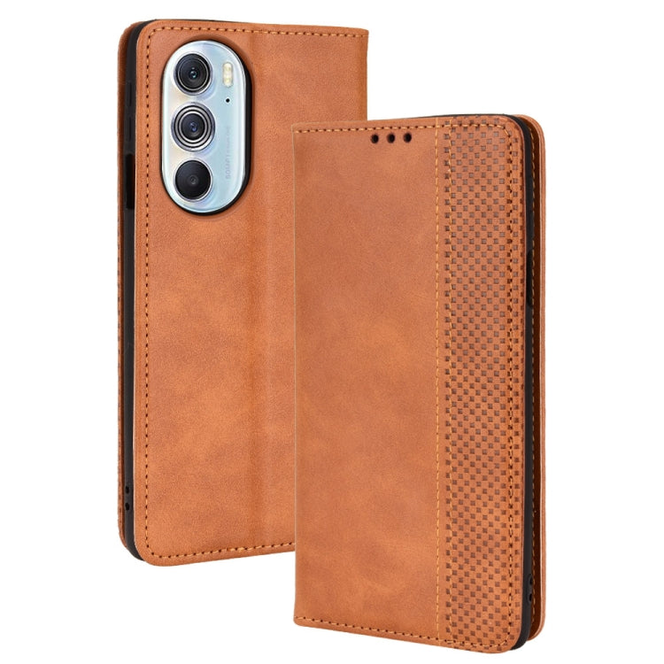 Brown crazy horse leather magnetic buckle wallet phone case with front flip cover.