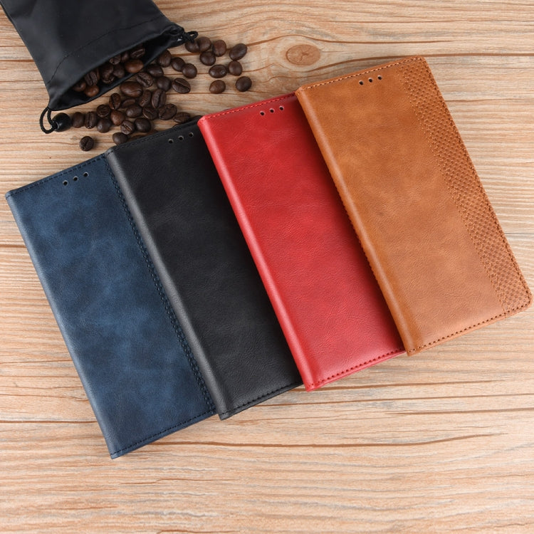 Set of leather wallet phone cases in navy, red, tan, and black with magnetic buckle.