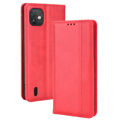 Red crazy horse leather flip phone case with magnetic closure and card slots.