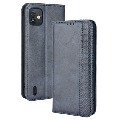 Dark blue crazy horse leather flip phone case with magnetic closure and card slots.