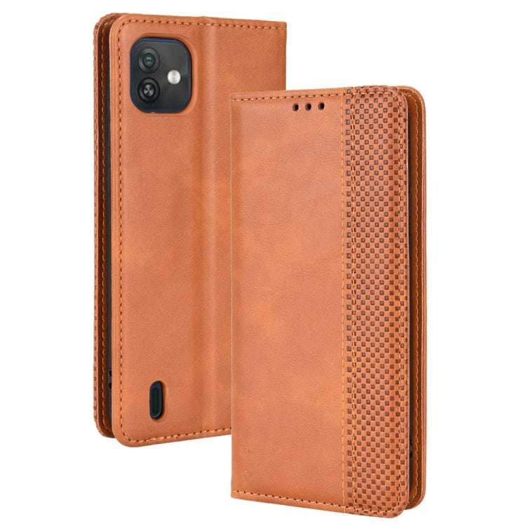 Brown crazy horse leather folio phone case with textured interior panel and stitching.