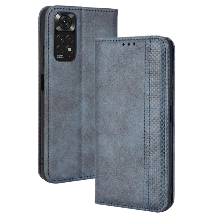 Dark blue crazy horse leather flip phone case with magnetic closure and front camera cutout.