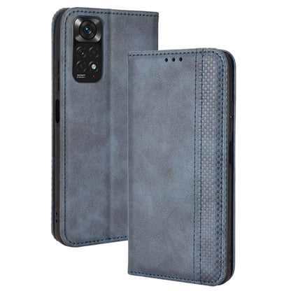 Dark blue crazy horse leather flip phone case with magnetic closure and front camera cutout.