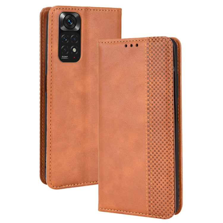 Brown crazy horse leather magnetic buckle phone case with camera cutout and card slot.
