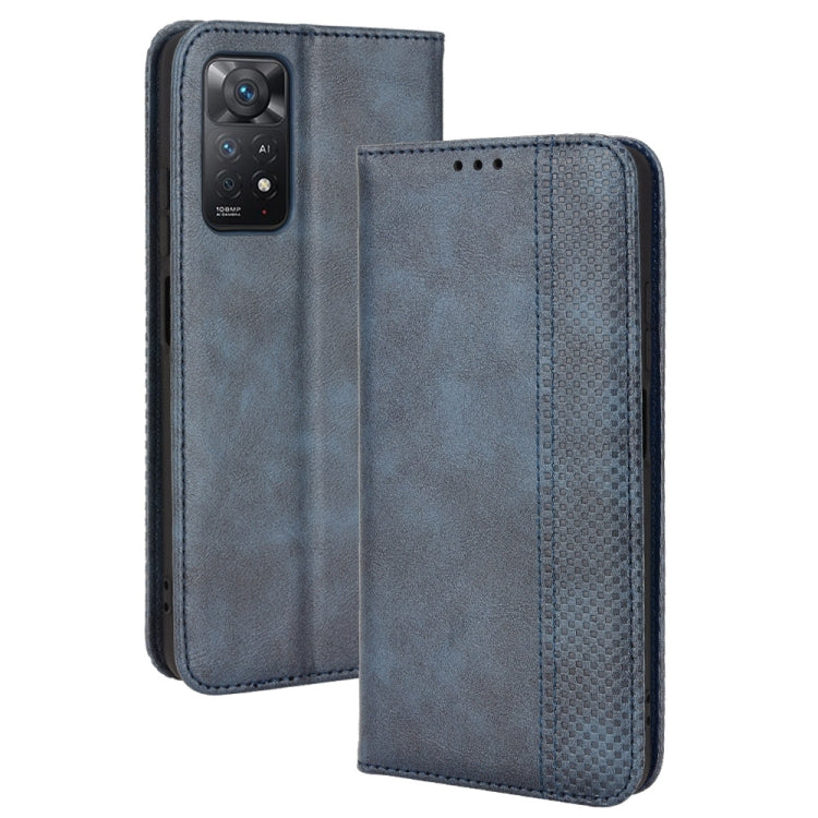 Dark blue crazy horse leather magnetic buckle wallet phone case with front cover.