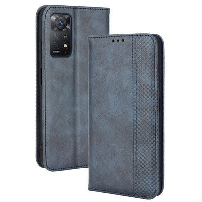 Dark blue crazy horse leather magnetic buckle wallet phone case with front cover.