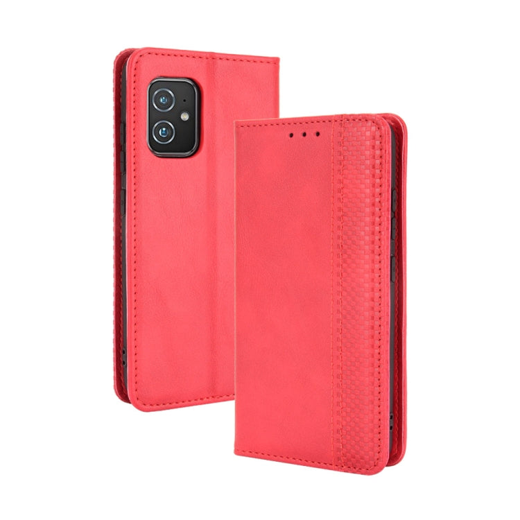 Red crazy horse leather flip phone case with magnetic closure and side button opening.