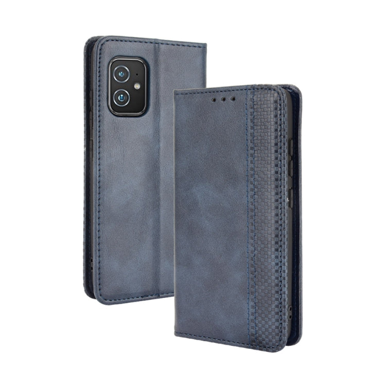 Dark blue crazy horse leather folio phone case with card slot and stitched edges.