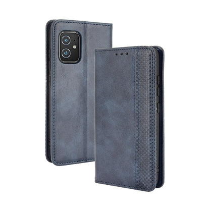 Dark blue crazy horse leather folio phone case with card slot and stitched edges.