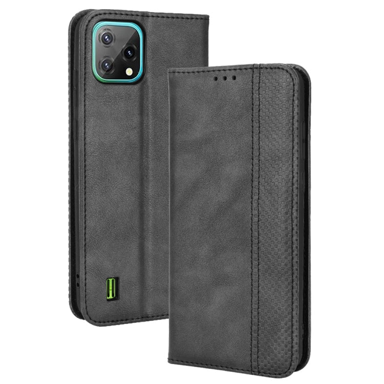 Black crazy horse leather flip phone case with magnetic closure and card slots.