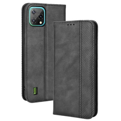 Black crazy horse leather flip phone case with magnetic closure and card slots.